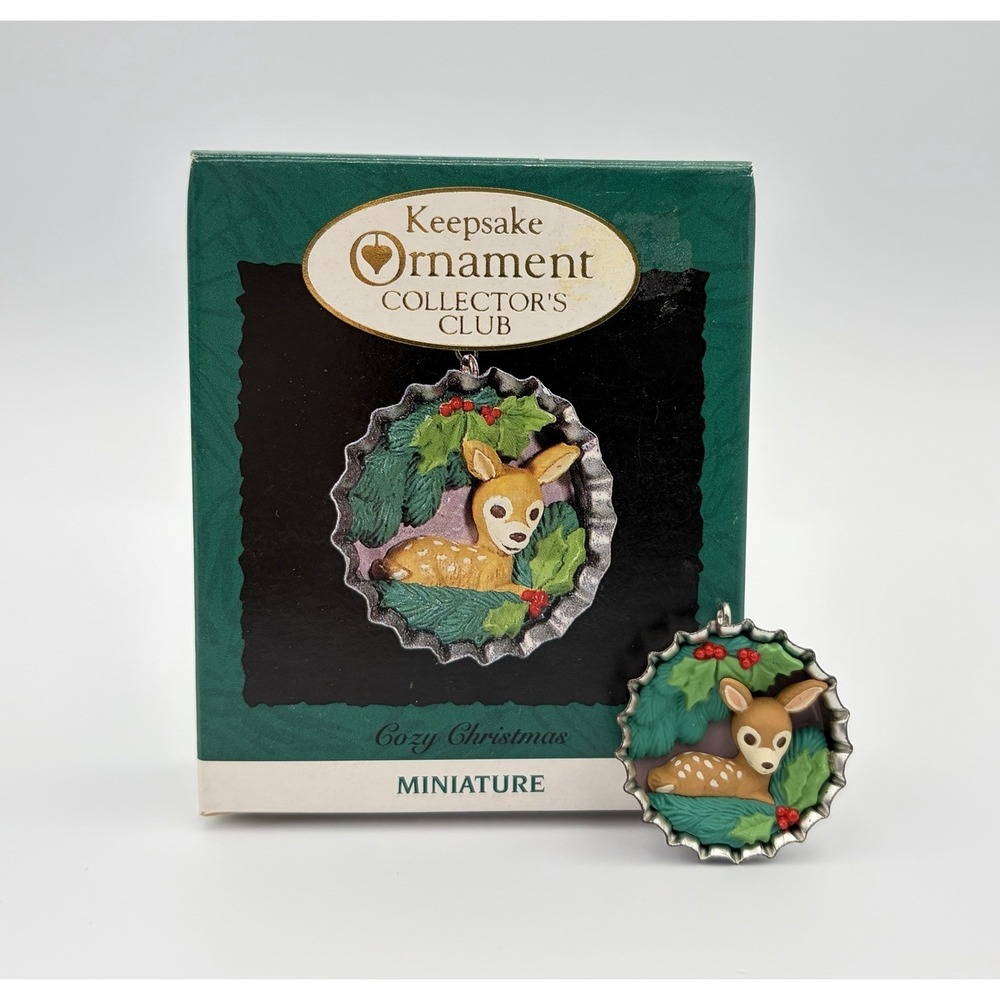 1994 Hallmark Keepsake Miniature Ornament Cozy Christmas Fawn Deer Bottle Cap
